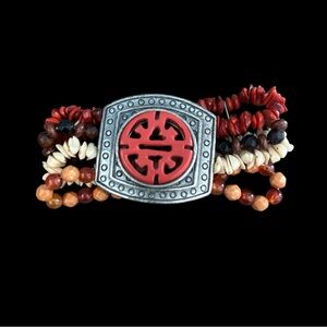VTG Multistrand Beaded Stretch Bracelet Silver Tone Buckle Red Design Boho